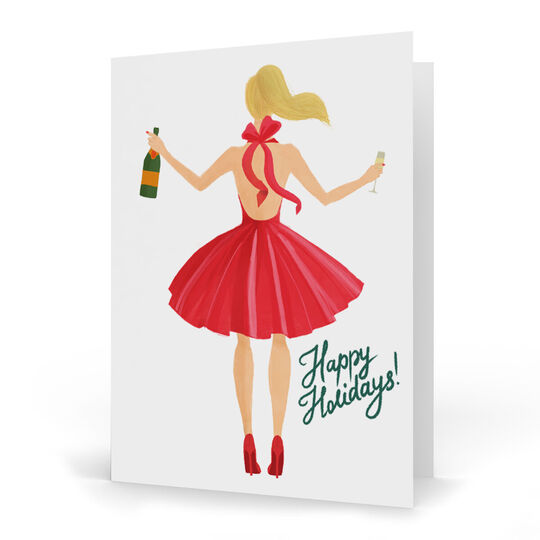 Holiday Girl with Champagne Folded Holiday Cards